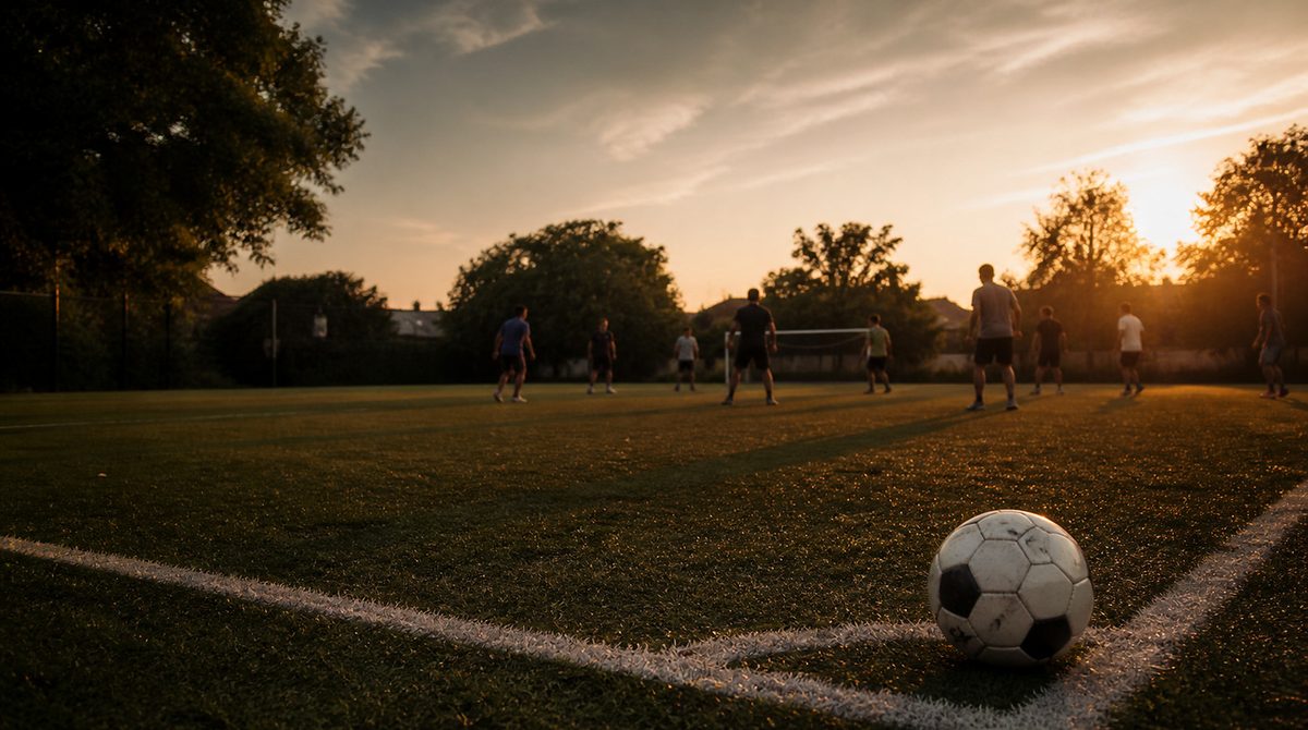 Friends playing a casual evening football game on a grass pitch, a ball in the foreground