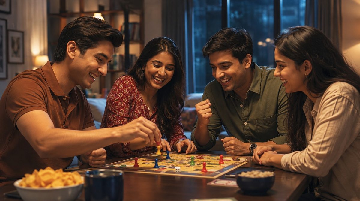 Four friends laughing over a game of Ludo at a home table, snacks beside the board