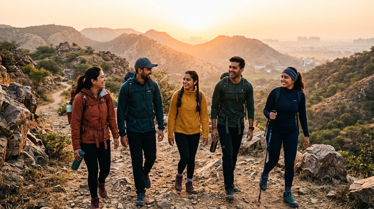 Five friends laughing together on a rocky hill trail at sunrise, a city on the horizon