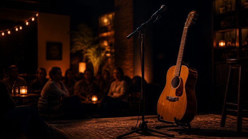 A guitar and microphone on a small stage, with an audience seated in candlelight behind