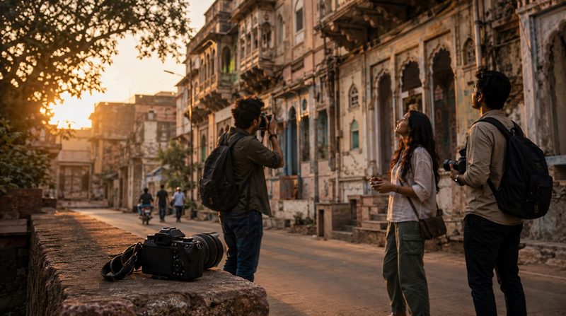 Three people photographing old buildings on a quiet heritage street at sunset
