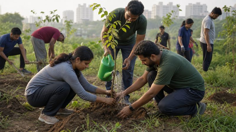 Volunteers planting and watering saplings together on open ground, apartment blocks behind