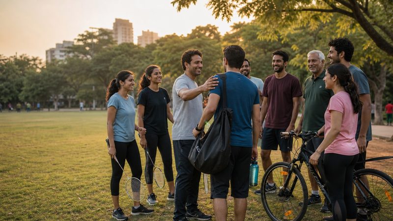 Friends of different ages chatting in a city park at sunset, some holding badminton rackets and a bicycle